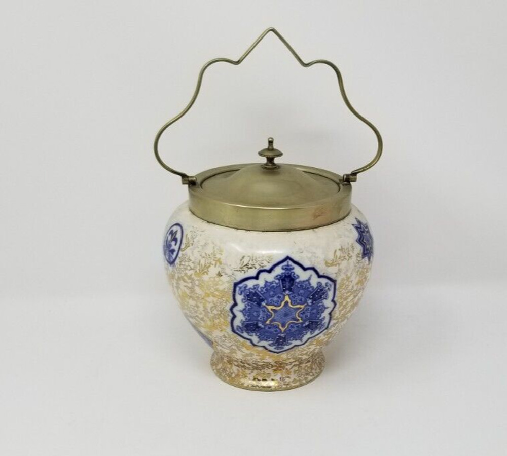 Antique JKL Fenton Osaka Blue & White Gilded Biscuit Cracker Jar w EPNS Lid